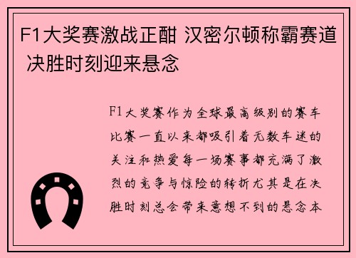F1大奖赛激战正酣 汉密尔顿称霸赛道 决胜时刻迎来悬念