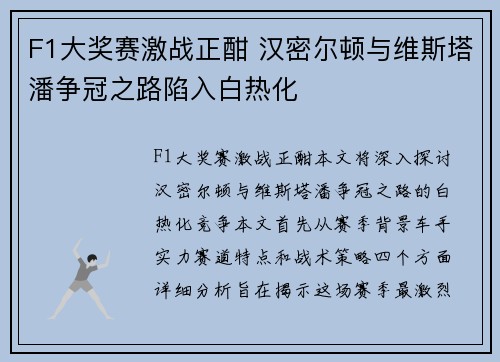F1大奖赛激战正酣 汉密尔顿与维斯塔潘争冠之路陷入白热化